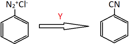 The Y in reaction CuCN/HCN when benzenediazonium chloride is treated with copper cyanide