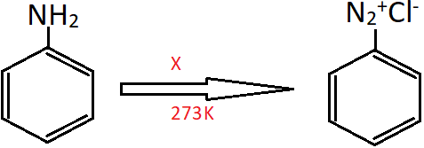 The reagent ‘X’ in the reaction is NaNO2 & HCl at 273K to form Benzenediazonium chloride