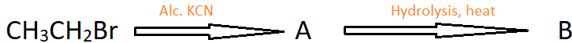 Propanoic acid is product B when Ethyl bromide on reaction with alc. KCN