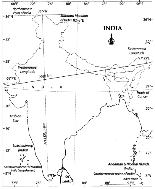 Class 9 Geography Map Work Chapter 1 India-Size and Location 5