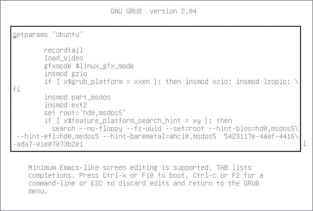 Snapshot shows editing an Ubuntu GRUB2 menu entry