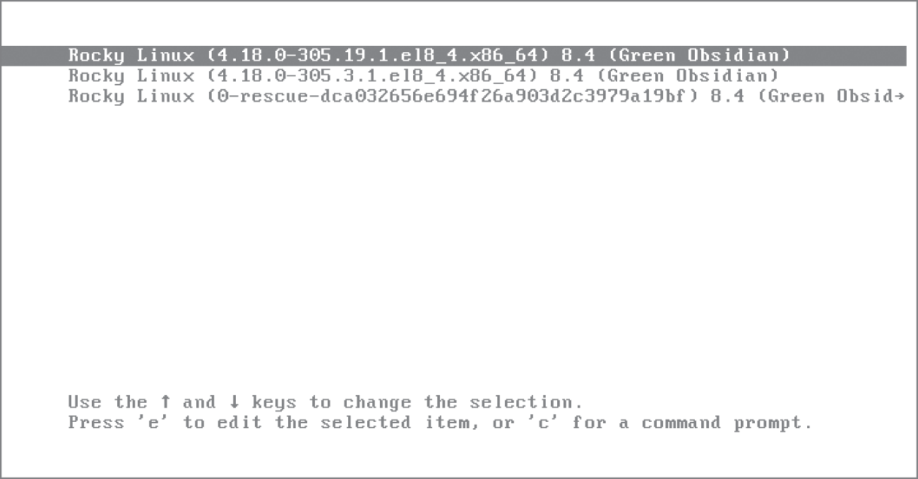 Snapshot shows the Rocky Linux Grub boot menu with multiple kernel options