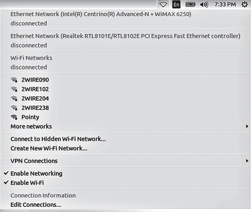 Snapshot shows Network Manager showing a wireless network connection