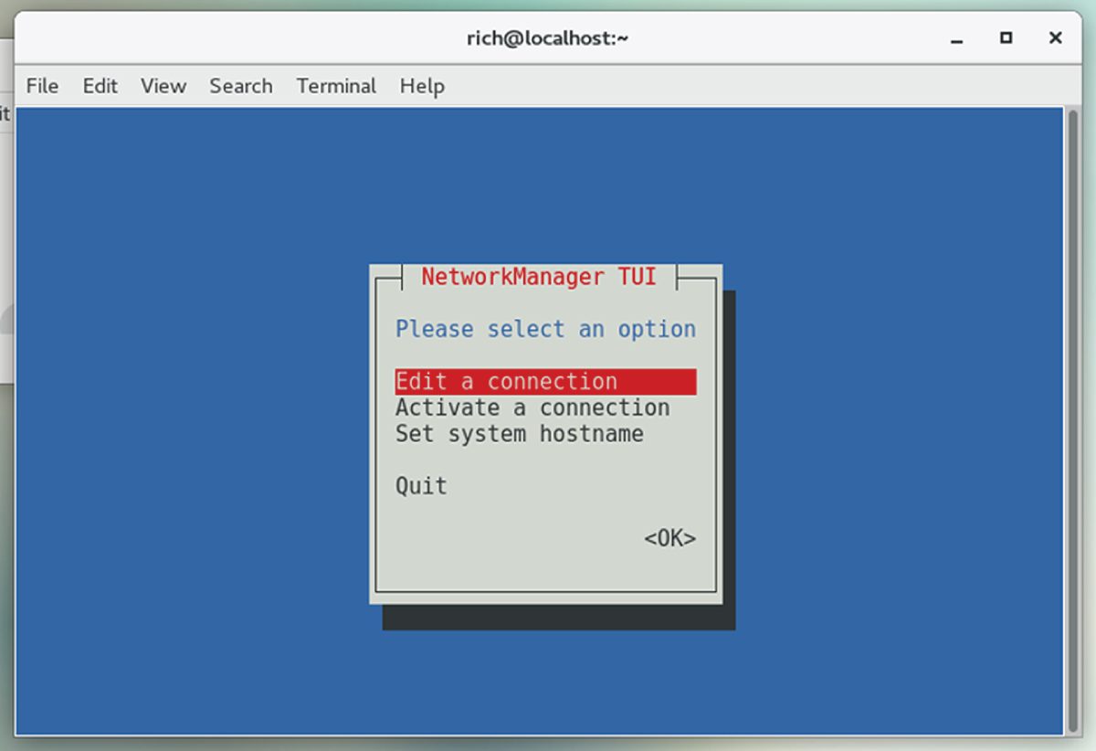 Snapshot shows the Network Manager nmtui command-line tool
