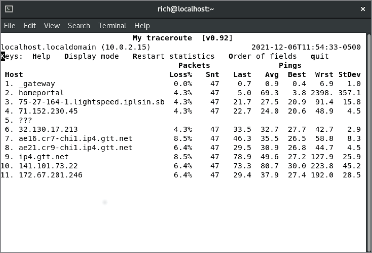 Snapshot shows using mtr to monitor network connectivity to a server