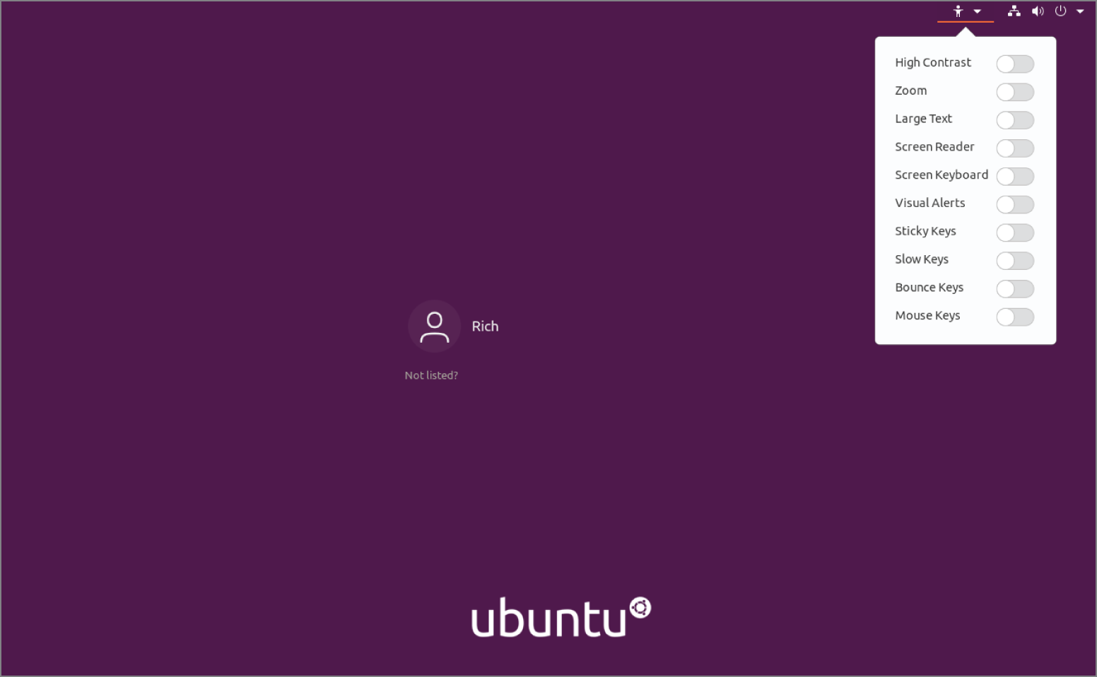 Snapshot shows Universal Access top panel menu in GNOME Shell