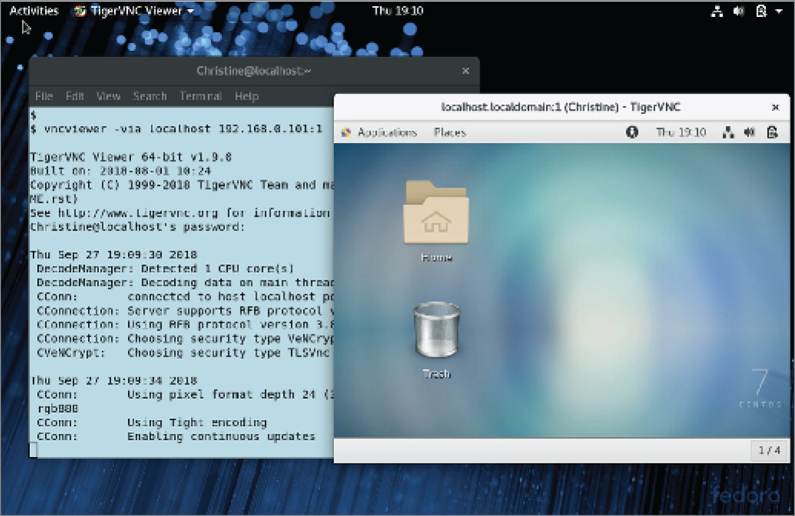 Snapshot shows Using local SSH port forwarding with TigerVNC