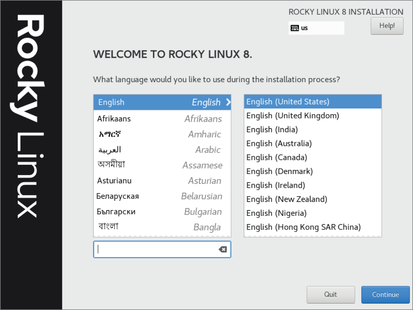Snapshot shows the language option in a Rocky Linux 8 installation