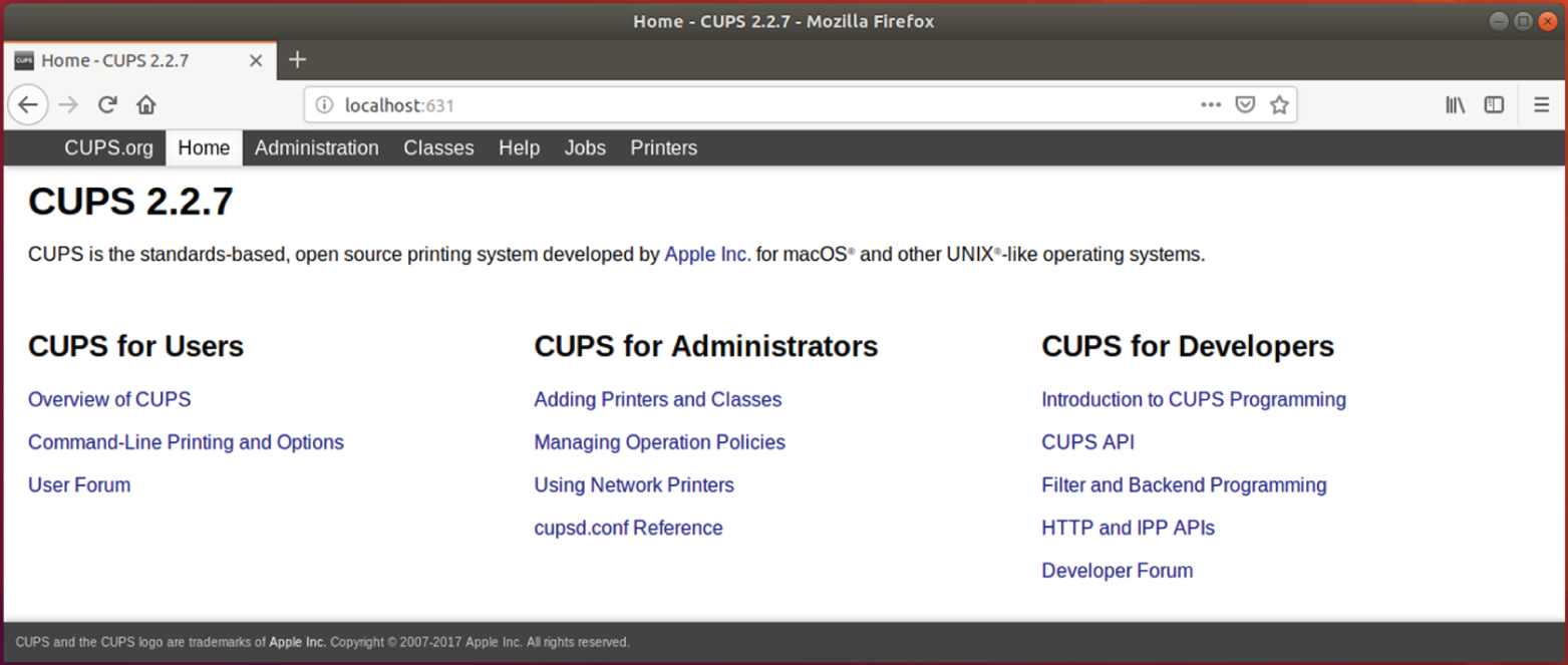 Snapshot shows the CUPS main web page