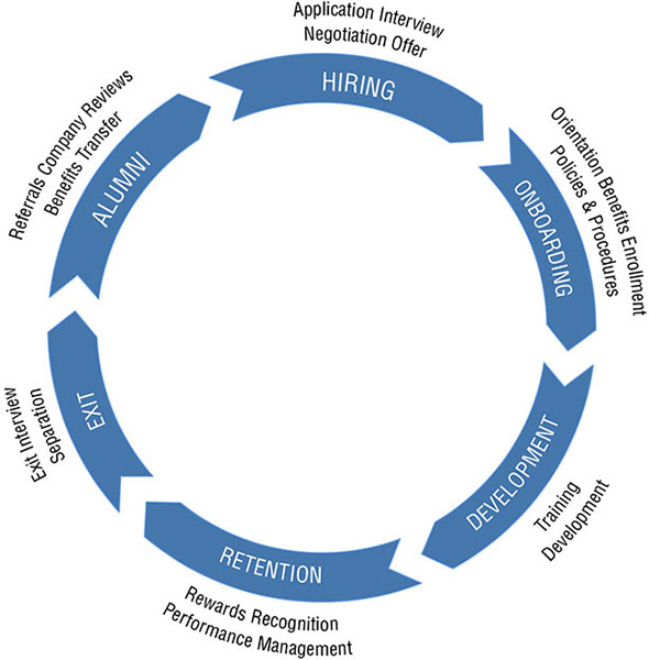 Diagram shows HR roles associated with different employee life-cycle stages such as hiring, onboarding, development, retention, exit, and alumni.