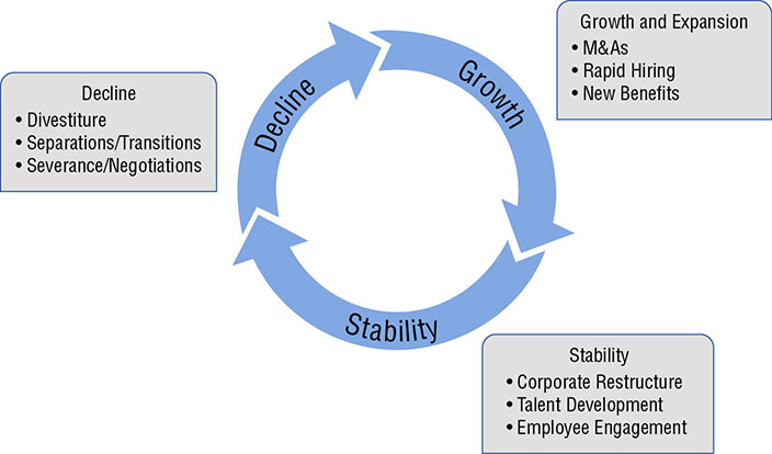 Diagram shows business life cycle having three phases such as growth and expansion, stability, and decline. 